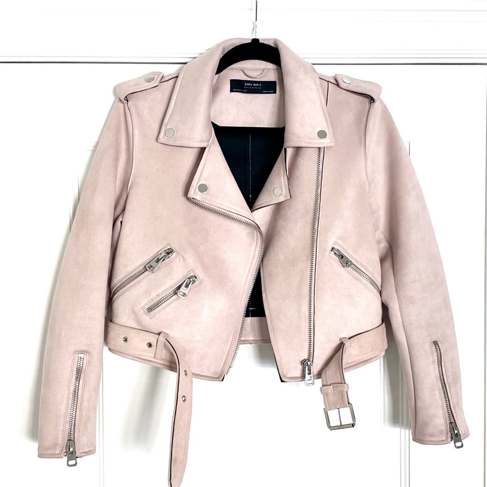 Zara Faux Suede Blush Pink Moto Jacket - Size M - Picture 5 of 9